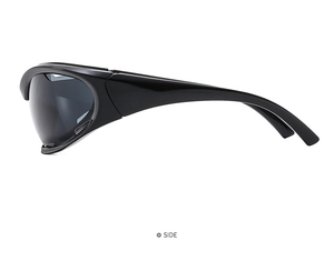 Side view of sleek black Y2K sports sunglasses with glossy frame and dark lenses