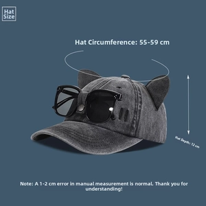 Detail of gray washed denim pilot cap with cat ears and goggles, 55-59cm circumference
