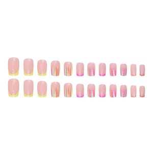 French tip press-on nails set with vibrant neon colors and colorful artistic line art