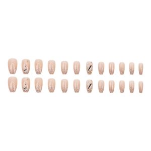 24pcs coffin nail set with nude pink gradient, silver glitter, and rhinestone accents