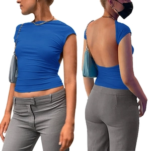 Dames Backless Crop Top Halve Col Korte Mouwen Polyester Slim Fit Sexy Streetwear T-Shirt