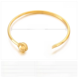 Detailed view of gold stainless steel open bangle with bead ends and size measurements