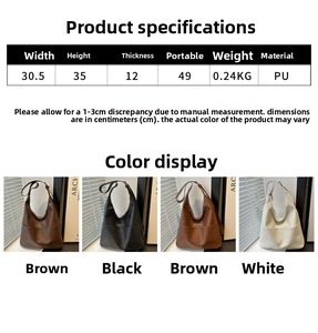Detailed size chart and color selection for this large PU leather tote bag