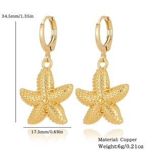 Detailed view of starfish pendant earrings with 34.5mm length and 17.5mm width specs
