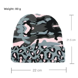 Size specifications of camo jacquard knit beanie with width and height measurements