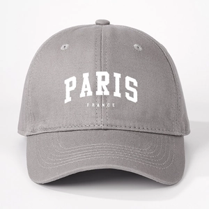 Classic grey cotton baseball cap with white PARIS letters shown from a front-facing view