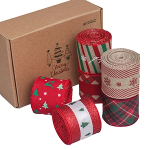 6cm wired Christmas ribbons set with reindeer and snowflake patterns in gift box