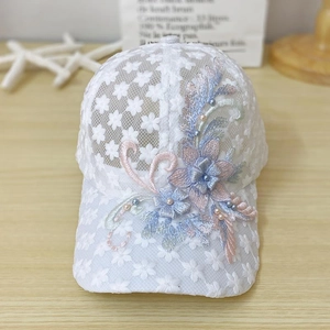Breathable white lace baseball cap with floral embroidery and pearls for summer sun protection