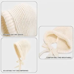 Winter beige knit earflap hat with soft texture and adjustable ties shown in detail views