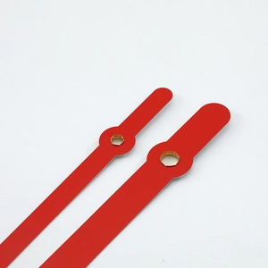 Classic red quartz clock needles with golden metal hub set against white background