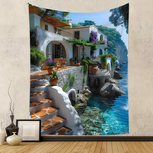 Detailed texture of Mediterranean landscape tapestry with white arches and blue sea