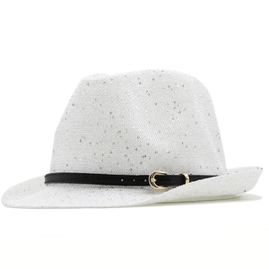 Detail of white sequin fedora hat with black leather strap and gold metallic buckle
