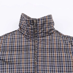 Women's plaid cotton jacket with stand collar and metal zipper in blue and brown check