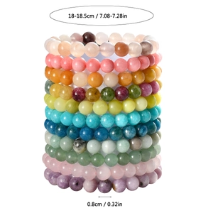Vertical stack showing 8mm natural stone bracelets in various colors and dimensions