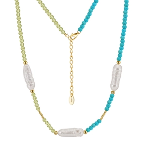 Baroque pearl necklace with turquoise and peridot beads on S925 sterling silver chain