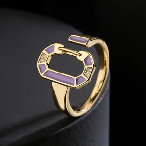 Enamel Geometric Open Ring Vintage Bohemian D-Shape Copper 18K Gold Plated Micro Zircon Adjustable Jewelry For Women