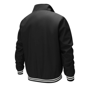 Men's casual black bomber jacket with striped rib-knit stand collar and cuffs back view