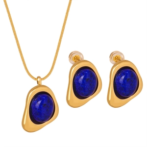 Golden snake chain necklace with triangular natural blue stone pendant and stud earrings