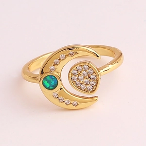 Vintage gold-plated celestial moon ring with green opal and shimmering white zircons