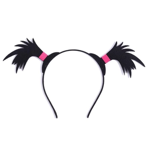 Detail of creative cartoon headband with black felt twin tails and pink accents