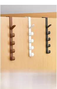 Detailed view of vertical over-the-door hooks in black, white, and brown with 5 slots