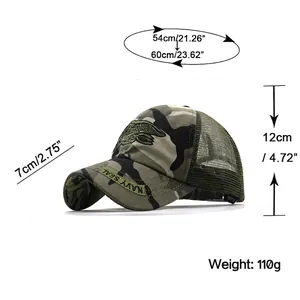 Tactical camouflage baseball cap with embroidery and adjustable size chart specs