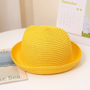 Joli chapeau de paille jaune vif pour enfants avec oreilles de chat pour le soleil d'été