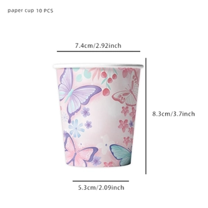 Detailed dimensions of butterfly floral paper cup with height and diameter specs
