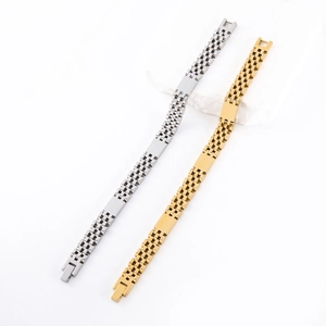 Detail view of gold and silver hip hop link bracelets with polished metal plates