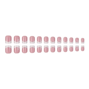 Classic short square press-on nails with pink base, white French tips, and snowflake patterns