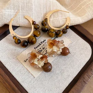 Boucles D'oreilles Vintage Fleur En Résine Perle De Bois Oeil De Tigre Avec Tige En Argent Sterling 925 Pour Femmes