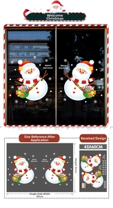 Detail showing Christmas window stickers with snowman, gift bag and 85x43cm size dimensions