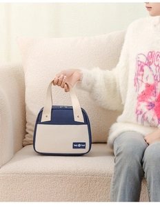 Close-up of insulated lunch bag with Tasty Food label held in a cozy home setting