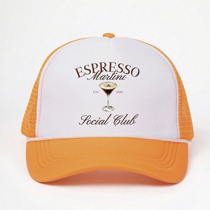 Detailed view of the Espresso Martini Social Club print on a vintage orange trucker hat