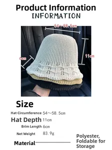 Size chart showing 54-58.5cm circumference for foldable knitted bucket sun hat