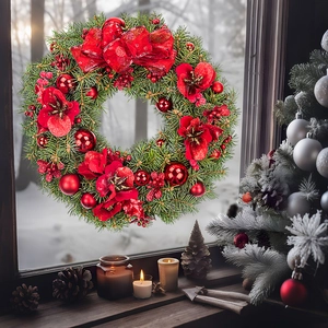 Detailed view of a green Christmas wreath with red bows and berries on a snowy window