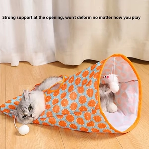 Cat tunnel toy with orange print and hanging ball for interactive indoor playing