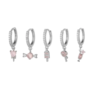 5-piece silver hoop earring set with pink zircon heart candy and ice cream charms