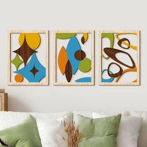 Set di 3 decorazioni murali geometriche astratte in legno per soggiorno moderno