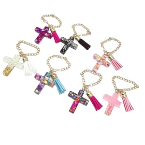 Set of seven colorful resin cross pendants with tassels and gold chains for Stanley cups