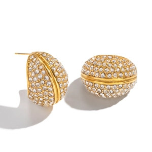Exquisite gold-tone oval stud earrings with dense rhinestone pavé on a white background