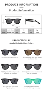 Detailed size chart and multi-color collection of wooden polarized sunglasses