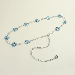 Silver metal waist chain featuring blue rhinestone flowers for summer dresses