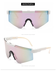 Detail view of white cycling sunglasses with purple gradient lenses from two angles