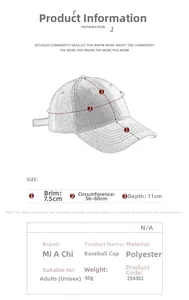 Size chart for breathable polyester baseball cap showing 56-60cm adjustable circumference