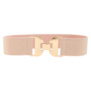 Detail of champagne gold elastic woven belt with sleek geometric gold metal buckle
