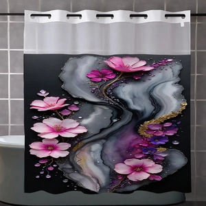 Wasserdichter Duschvorhang mit Marmor- und Blumenmuster und verstärkten Metallösen