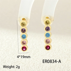Detail showing colorful zircon earrings with gold base and size markings 4x19mm