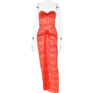 Elegant red lace strapless maxi dress with floral mesh and slimming silhouette