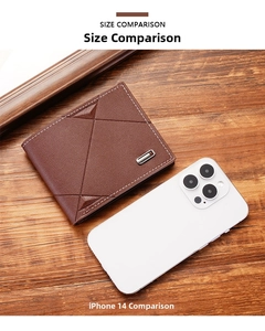 Brown leather men's bifold wallet size comparison next to an iPhone 14 Pro
